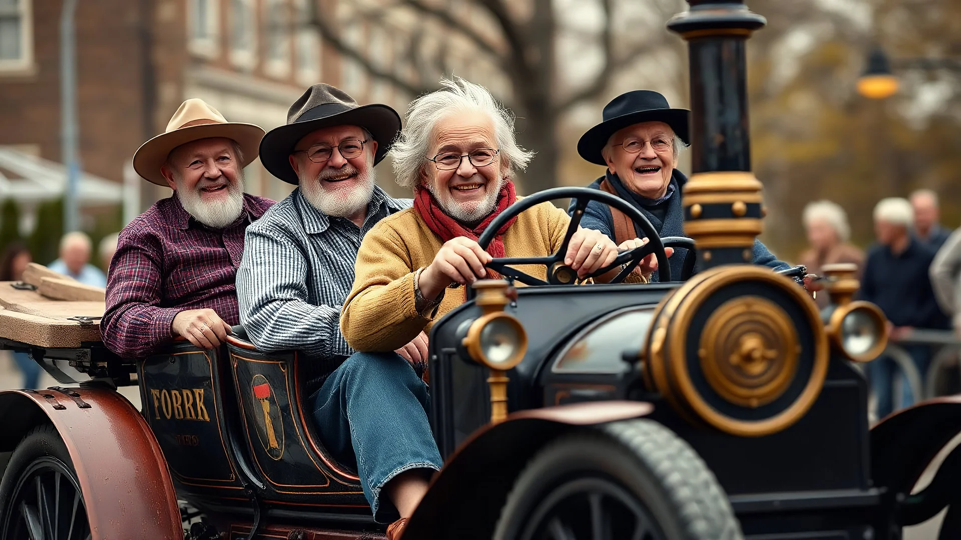 Elderly pensioners riding a steampunk model-T ford. Everyone is happy. Photographic quality and detail, award-winning image, beautiful composition.