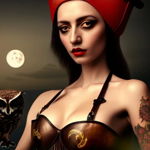 hyper realistic, beautiful russian girl, short black air, green eyes, with owl tatoo, dressed a steampunk pirate, bra with carved leather, Tintoretto ships in background. salvador dalì style. high details, red moon. 4k, unreal engine