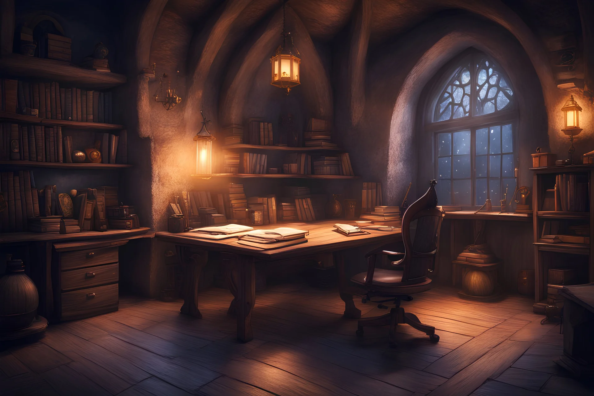 fantasy medieval study room with a desk, at night