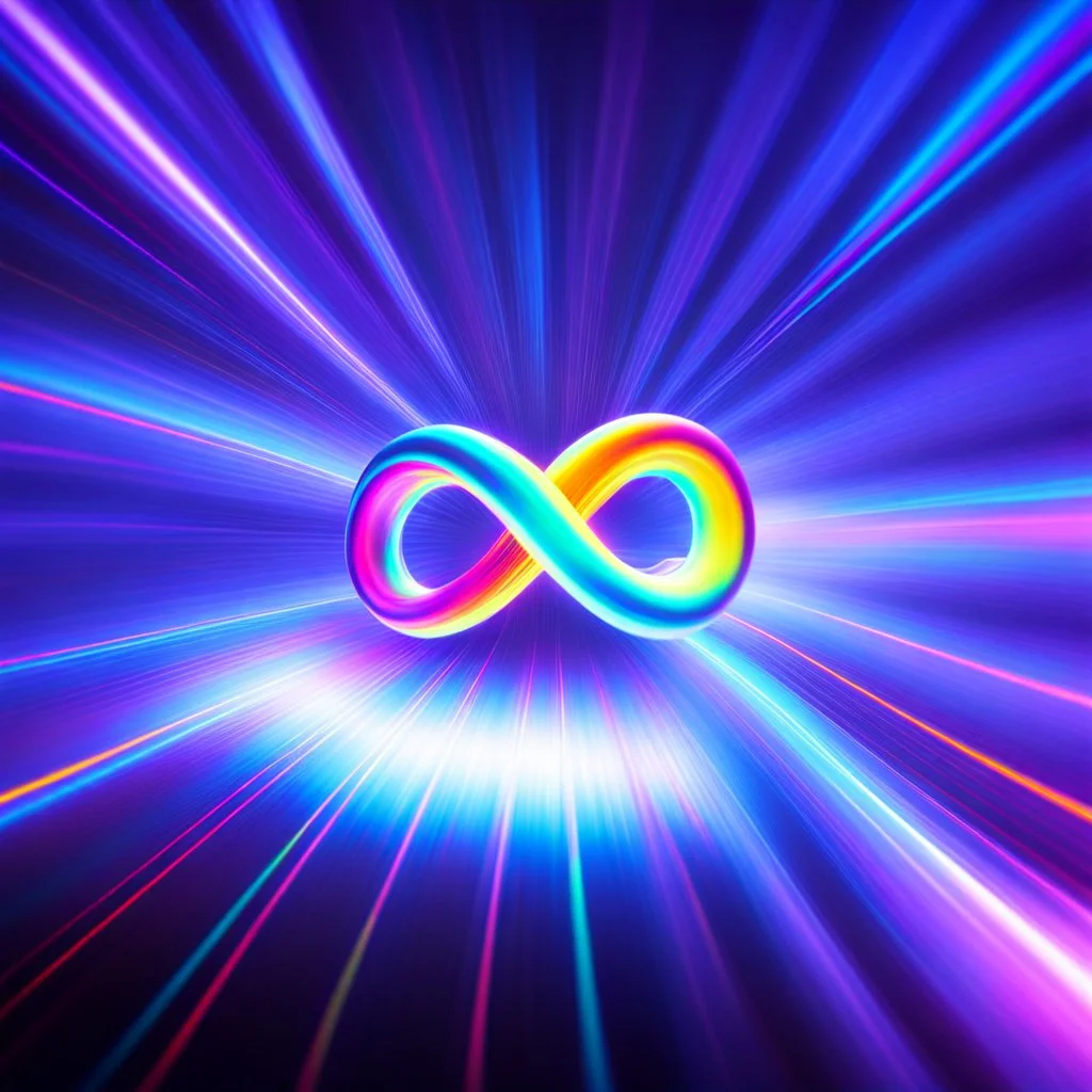 infinity symbol brightly coloured ∞ moving at warp speed, colours from infinity flowing through image with speed, DSLR with a 80mm lens, set to f/16 and a slow shutter speed of 1/15s, striking, neon, chiaroscuro, dramatic, captivating, powerful, fantasy, beautiful, octane render, 16k post-production, artstation: award-winning: atmospheric: commanding: fantastical: clarity: ultra quality: striking: brilliance: stunning colors: amazing depth; lens: f/11, 35mm