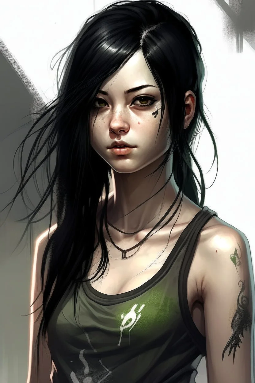 pretty girl, aged 15, black hair, dystopia, athletic