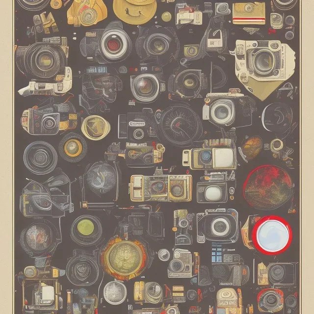 components of the camera laid out flat. poster design. high detailed. oil on canvas.