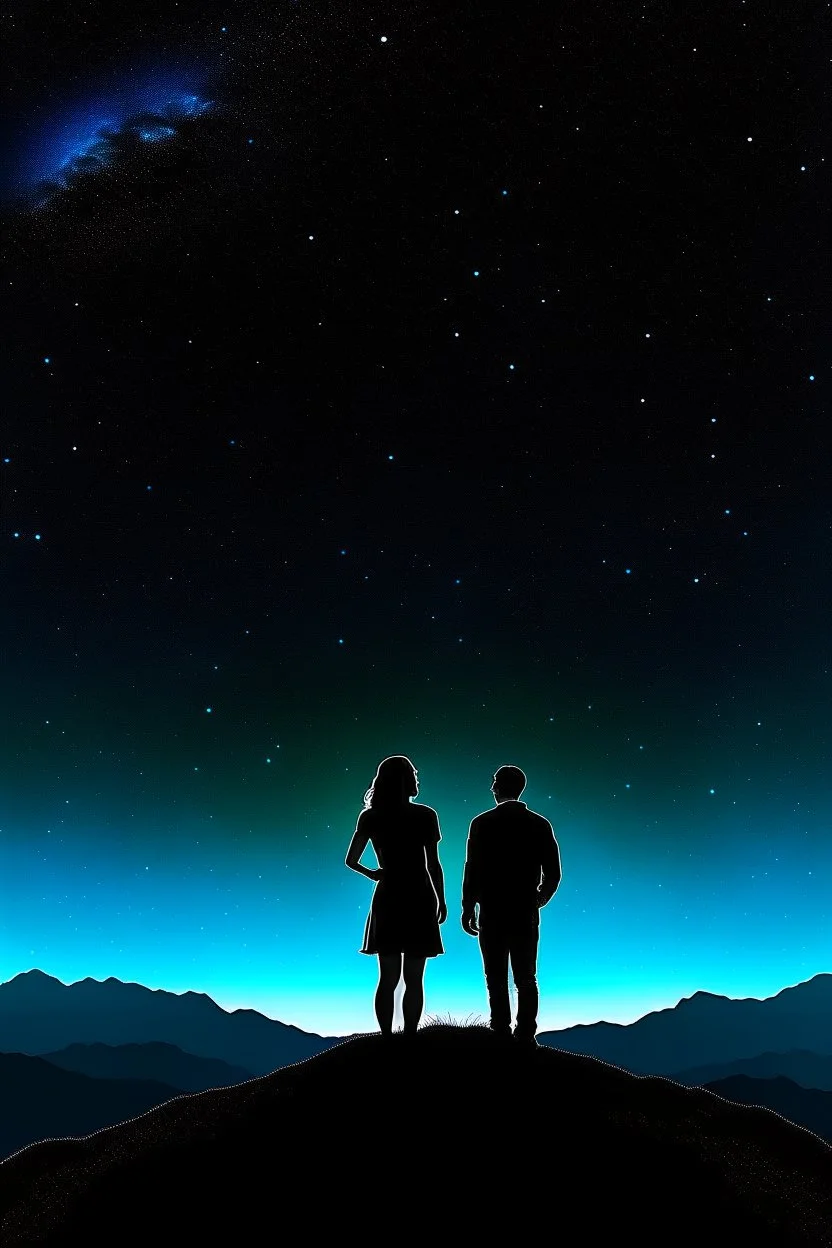 black background on a mountaintop and two silhouettes of a fit man and a silhouette of a fit woman looking at the stars