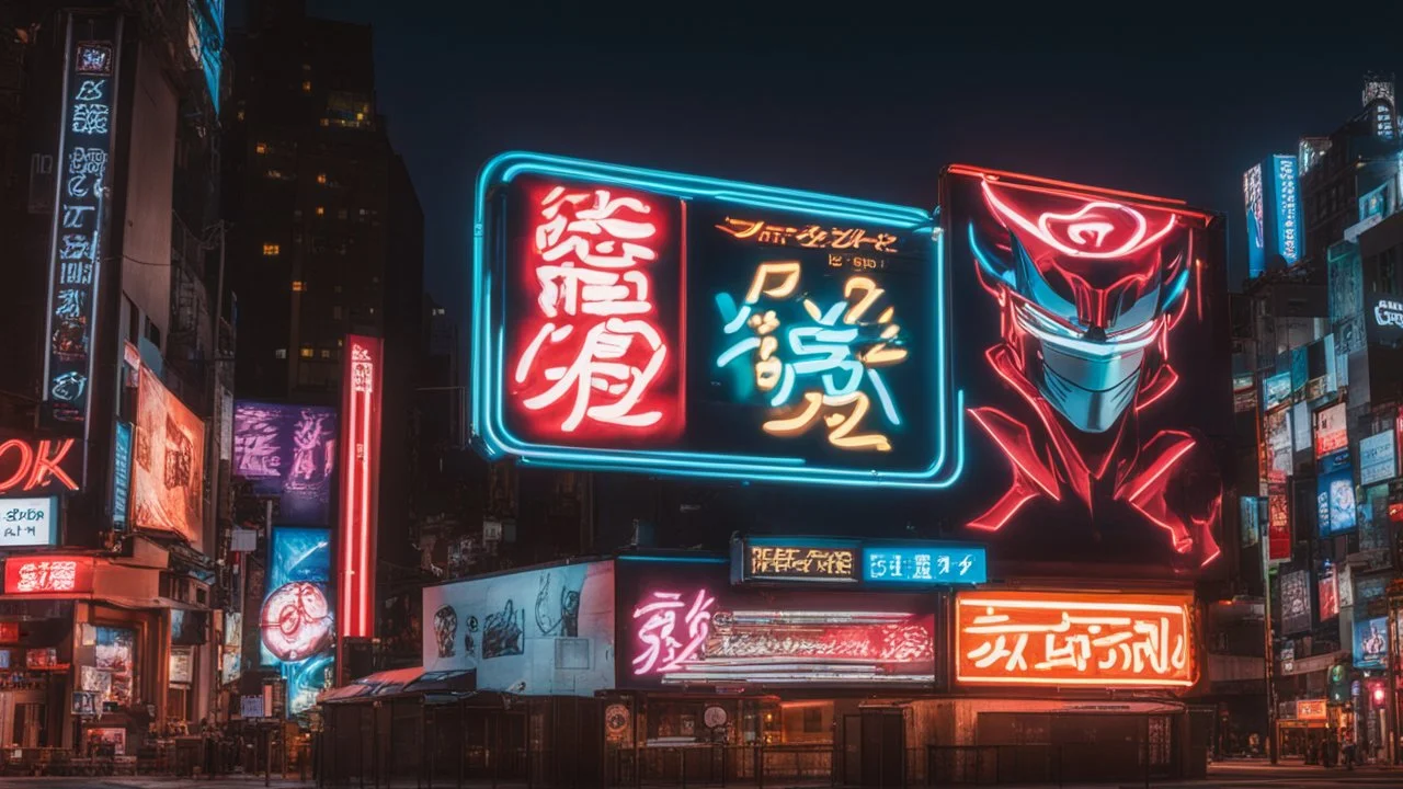 a billboard branded writing latin Odk Tokusentai with neon light, in the city center, at night.