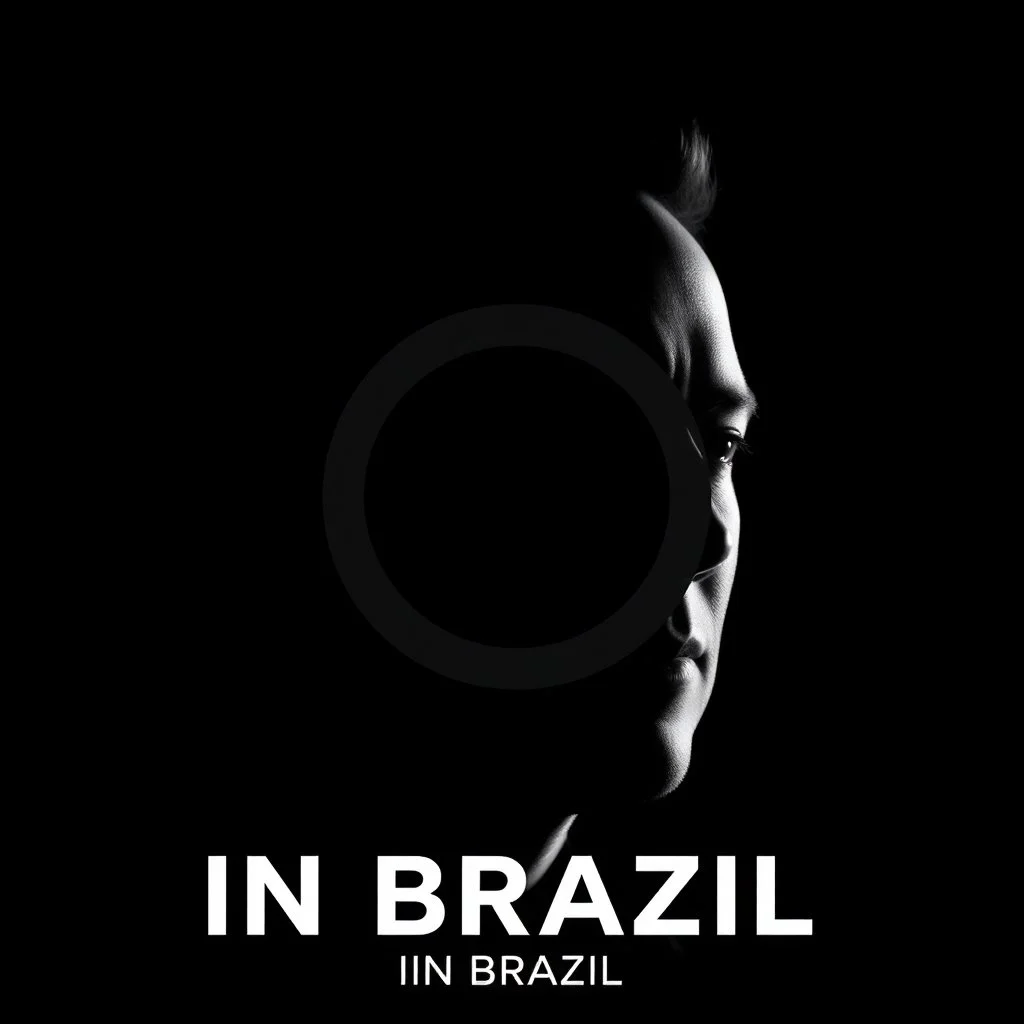 An artistic piece that presents the silhouette of Elon Musk's portrait on a dark background, with the iconic ((("X"))) logo of his social network over his face, resembling the forbidden symbol. High contrast black and white photography, using chiaroscuro lighting to create a striking visual effect. The text "IN BRAZIL" below the image.