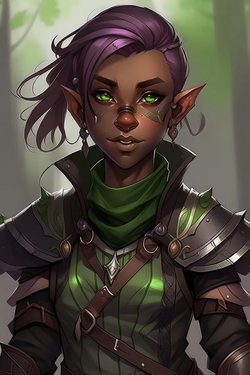 Young wood elf, rogue, brown skin, bright green eyes, mauve hair, black leather armor, mischievous