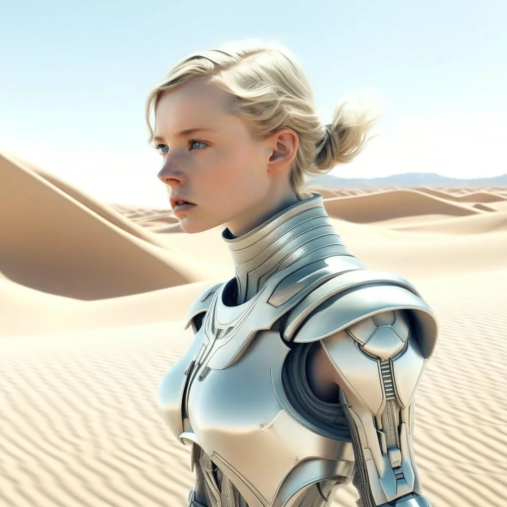 A photo of a futuristic girl from Dune's film made of metal in the style of Hajime Sorayama, inside a light white digital desert landscape.