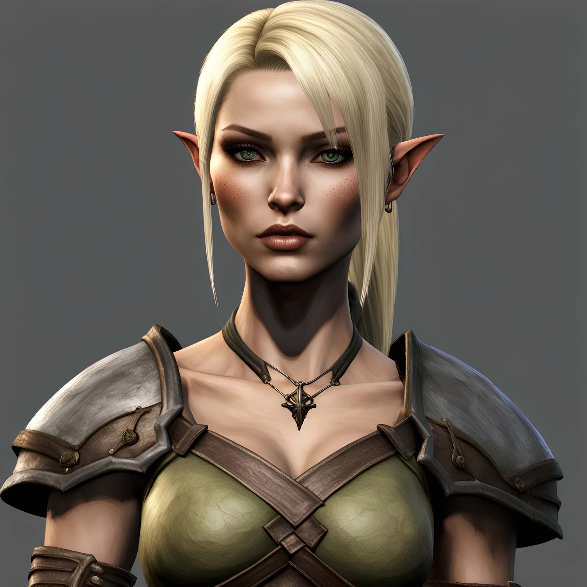 A bosmer female barbarian from Morrowind with short blond hair