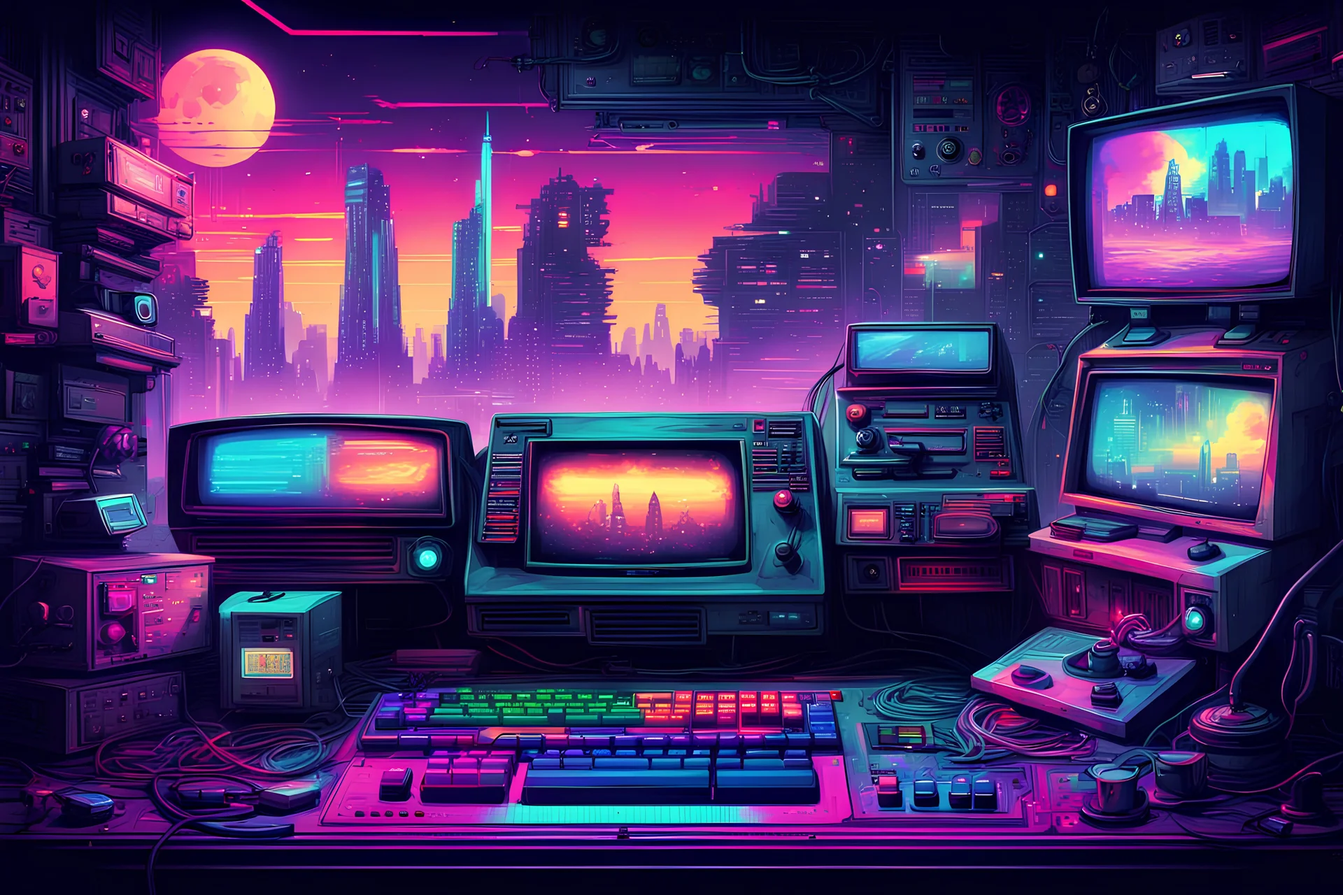 Fond d'écran retrogaming, très coloré, très cool, inspirant, cyberpunk style, moderne