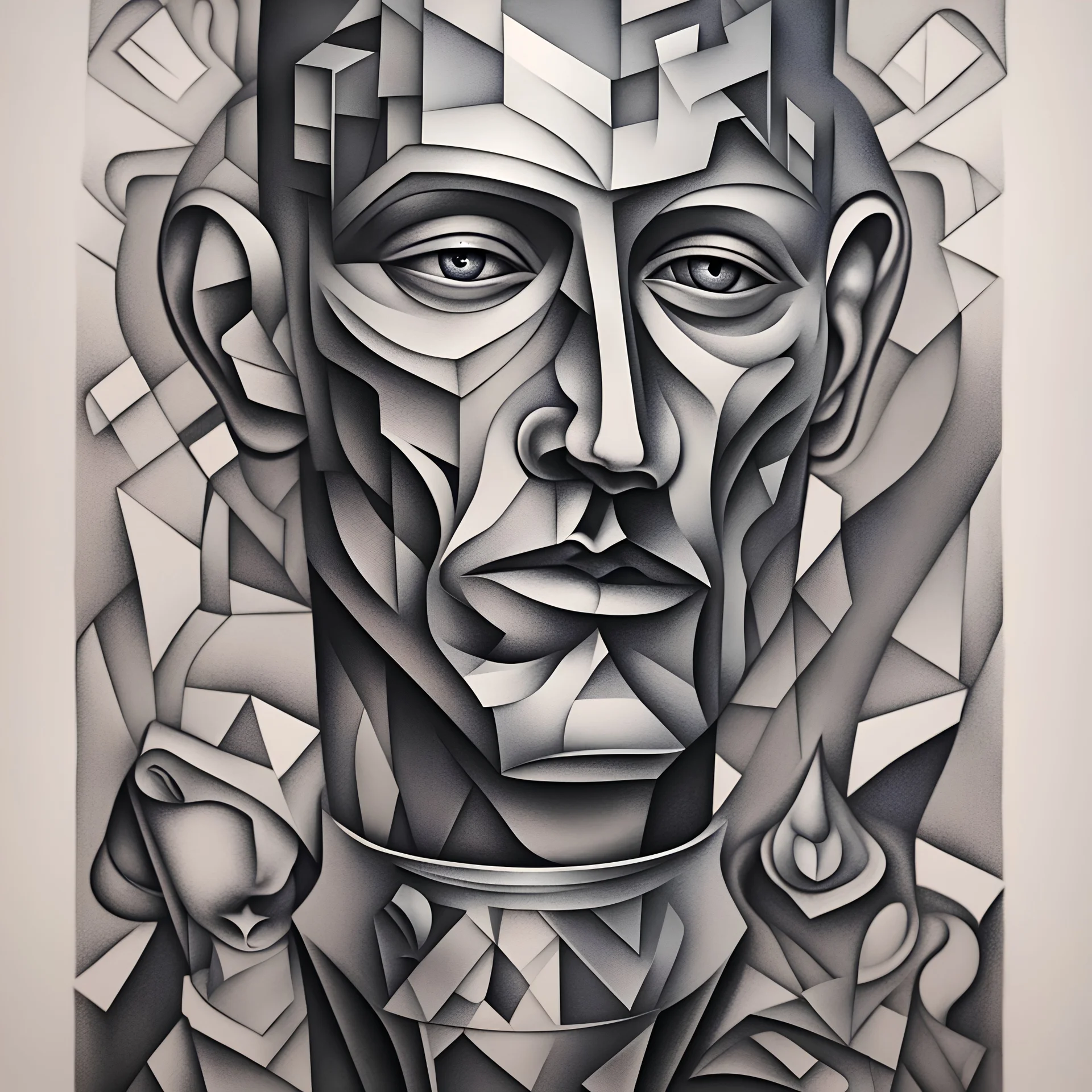 A man stamped with silver goblet tattooa, in cubism art style