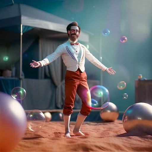 Ultra realistic circus scene. dancer man, smooth color, waist up view, Wes Anderson style, happy, bubbles, butterflys, dark ambient, highly detailed, concept art, unreal engine 5, god rays, ray tracing, RTX, lumen lighting, ultra detail, volumetric lighting, 3d, finely drawn, high definition, high resolution.