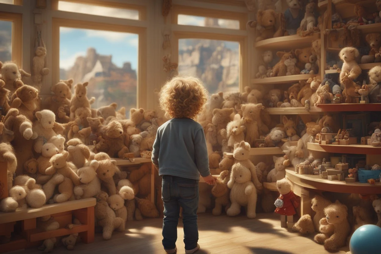 a little boy with curly blond hair is standing with his back to us, looking at toys (stuffed animals, building blocks, trains, legos, rocking horses) in a toy shop window Nikon D850 digital painting fantasy 4k very attractive fantastic view ultra detailed 4K 3D cinematic postprocessing in sunshine