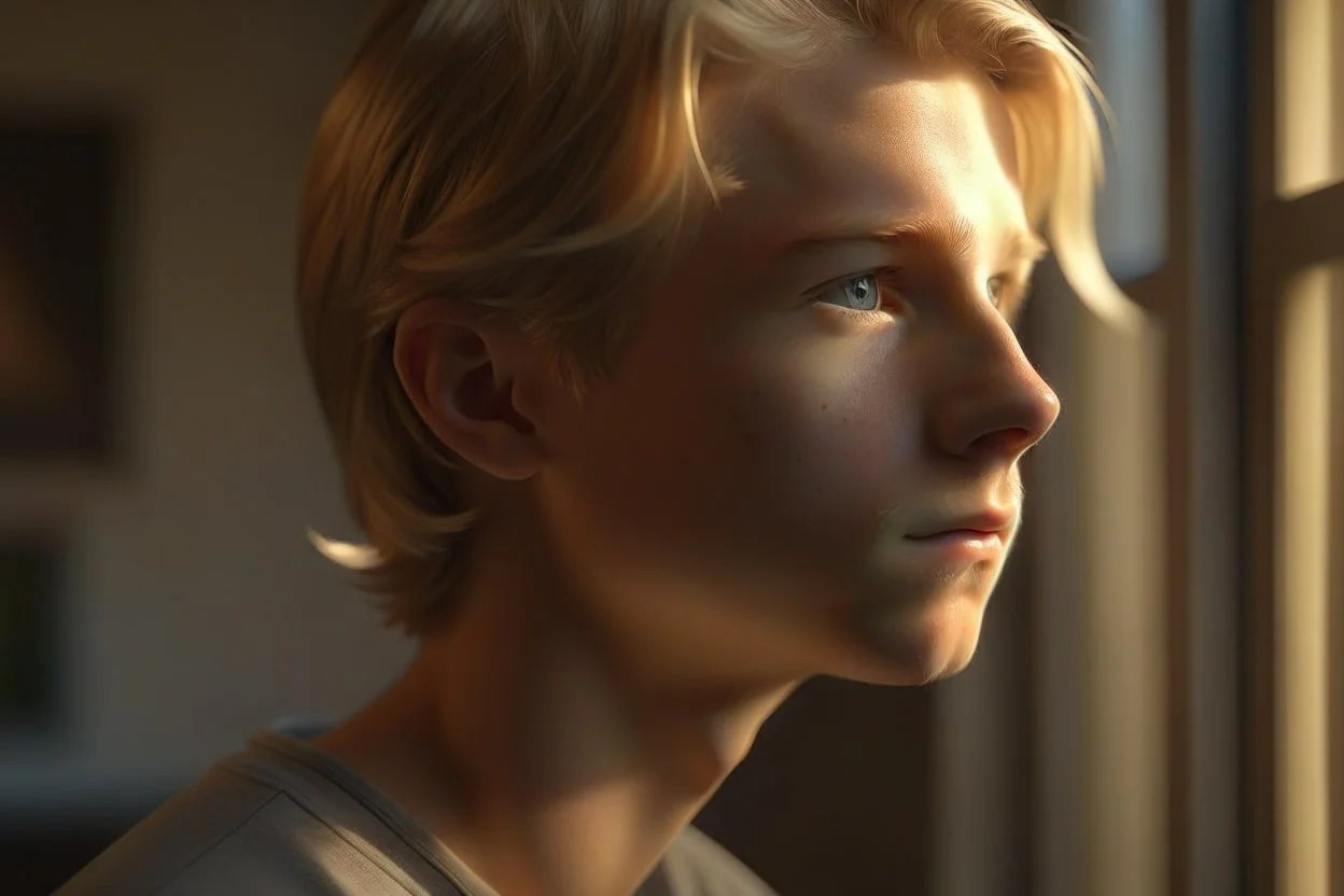 A realistic portrait of a beautiful teenaged boy with honey brown eyes and golden blond hair, innocent and thoughtful, gazing out a window, a hint of facial hair, wearing sleeveless shirt, inside an empty room with warm sunlight streaming in, detailed, high definition, 4K, 8K, quality render