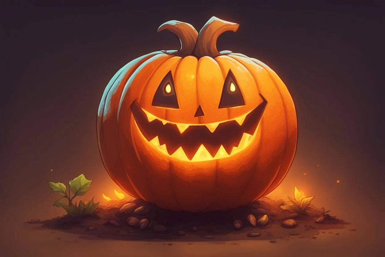 круглая тыква с прорезанной ухмылкой и горящим изнутри оранжевым светом. Маленькое существо в заляпанном землей фартуке, в стиле Stardew Valley