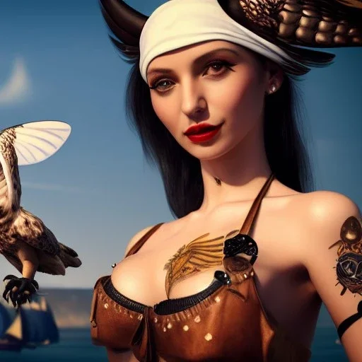 hyper realistic, young cute girl with ships in background, short black air with batterfly, holding a owl, black tatoo on arm, dressed a steampunk pirate, bra with carved leather. Salvador dalì style. high details. 4k, unreal engine