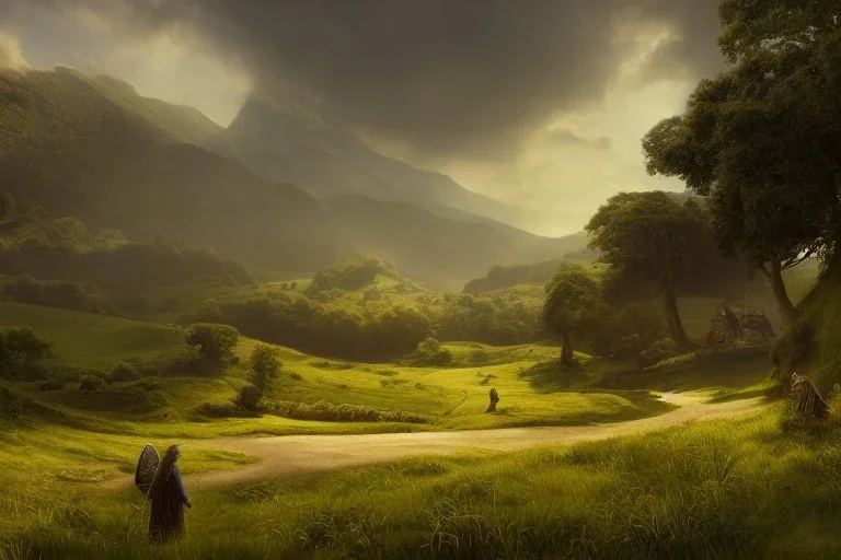 the shire, beautiful scenic landscape, lord of the rings, wide angle, super highly detailed, professional digital painting, artstation, concept art, smooth, sharp focus, no blur, no dof, extreme illustration, unreal engine 5, photorealism, hd quality, 8 k resolution, cinema 4 d, 3 d, beautiful, cinematic, art by artgerm and greg rutkowski and alphonse mucha and loish and wlop