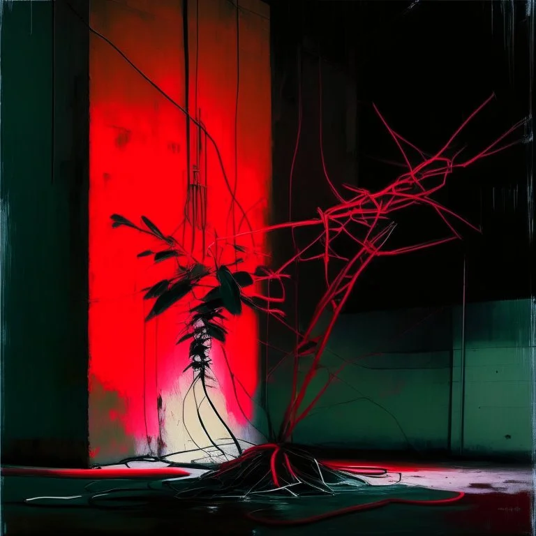 Minimal abstract oil painting of a neon plant in concrete warehouse brutalist architecture and hanging wires illuminated at night. With triadic red colours. In the style of Justin Mortimer and Phil Hale, Ashley Wood