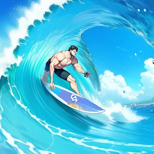 very handsome anime surfer boy, surfboard, waves crashing