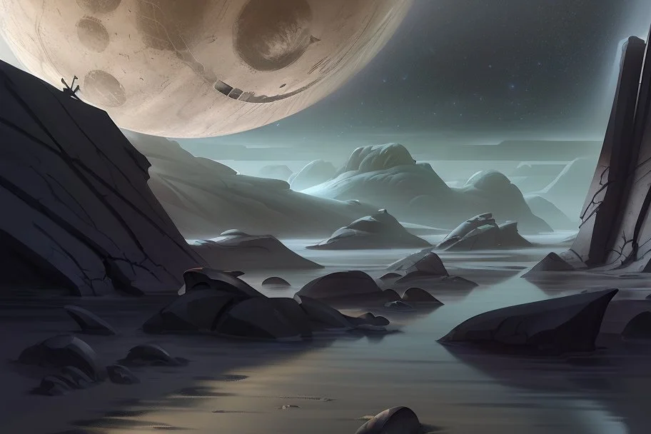 Grey Exoplanet in the hotizon, rocks, Night, lagoon reflection, sci-fi, epic, otto pippel painting