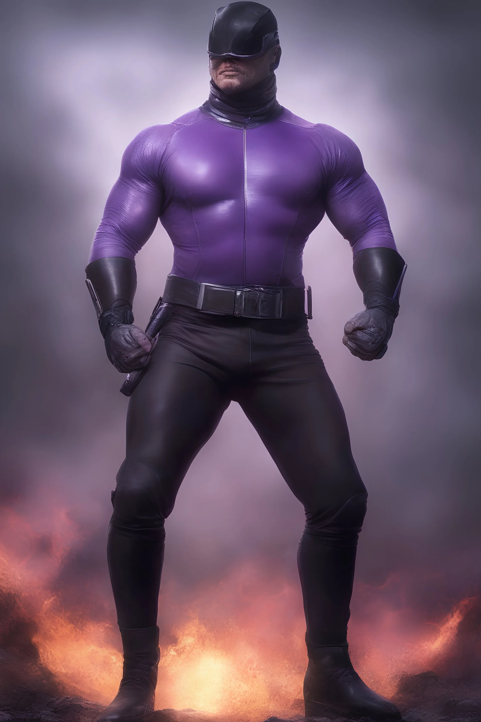 Kent Walker aka THE PHANTOM, Strong, athletic physique, Flexing poses, skin-tight, formfitting purple nylon-leather bodysuit, skin-tight, formfitting purple cowl, black utility belt, double holstered pistol belt, black knee-high boots, glowing white eyes, battle scars, blood, ((foggy, cloudy background, multicolored lightning, flowing lava, Full Eclipse, aliens, explosions, bright, vibrant, extremely colorful, detailed, blood red skies))