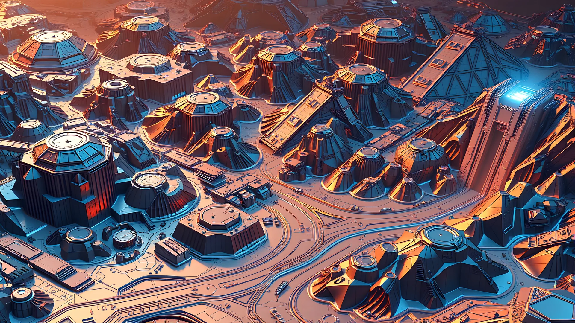 aerial view of a landscape made of metal that looks futuristic with futuristic lighting, realistic rendering