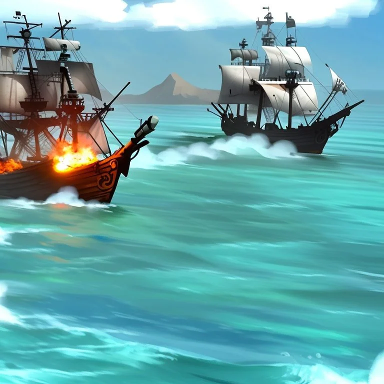 Two pirate ships fight each other at sea. Firing cannons. One ship is hit and burns after being hit.