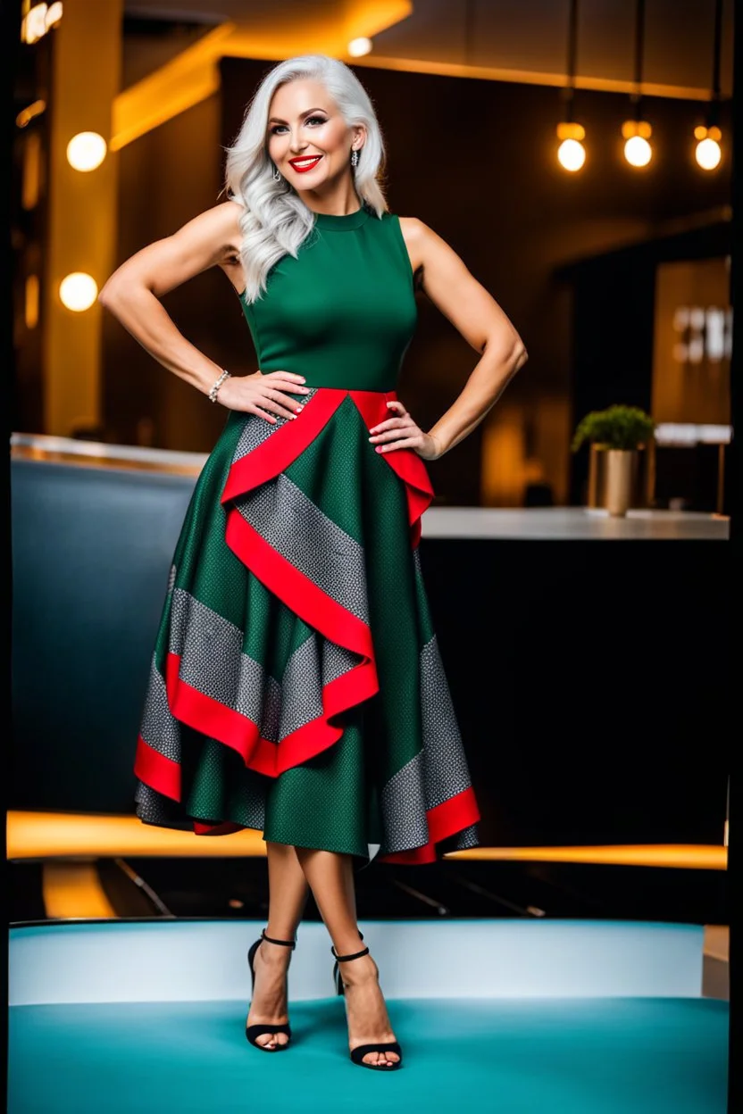 full body of very beautiful ukrain lady wearing green_black pretty midi flared dress ,white gray hair ,standing idle happy pose in studio