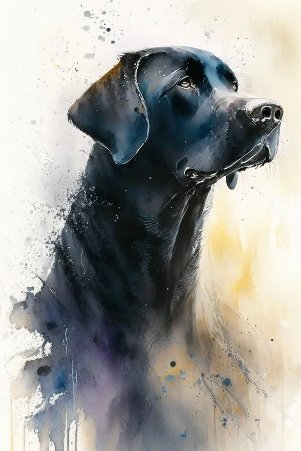 A portrait of black Labrador by Willem Haenraets, watercolor, on watercolor paper, wet on wet and splattering techniques, centered, perfect composition, abstraction, surrealism