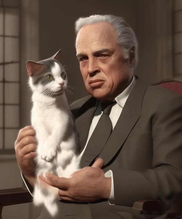 godfather movie Marlon Brando playing witH his cat, extreme details, digital art, extreme colors --ar3:2--v4--q2