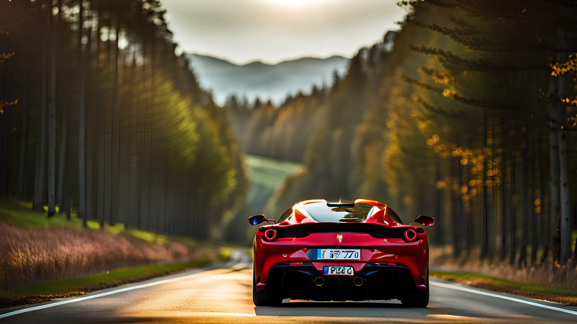 Ferrari F80 In Road, Cinematic, Bright Colors, Rear View, Nice Saturation, Backfire, Desktop Wallpaper, Accurate, realistic, 8K