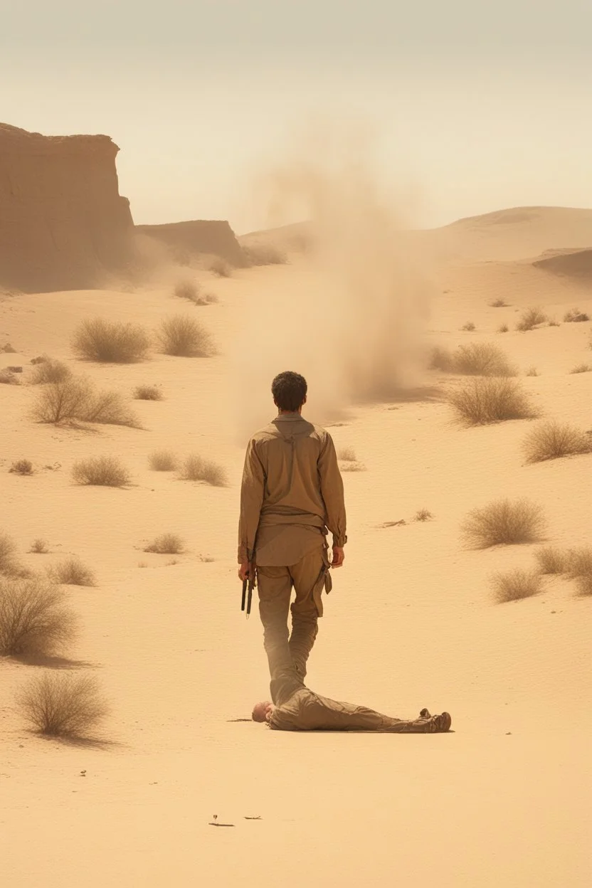 A 25-year-old wounded boy is walking in the desert with his head down, smoking a cigarette, and the scene of destruction is happening behind him