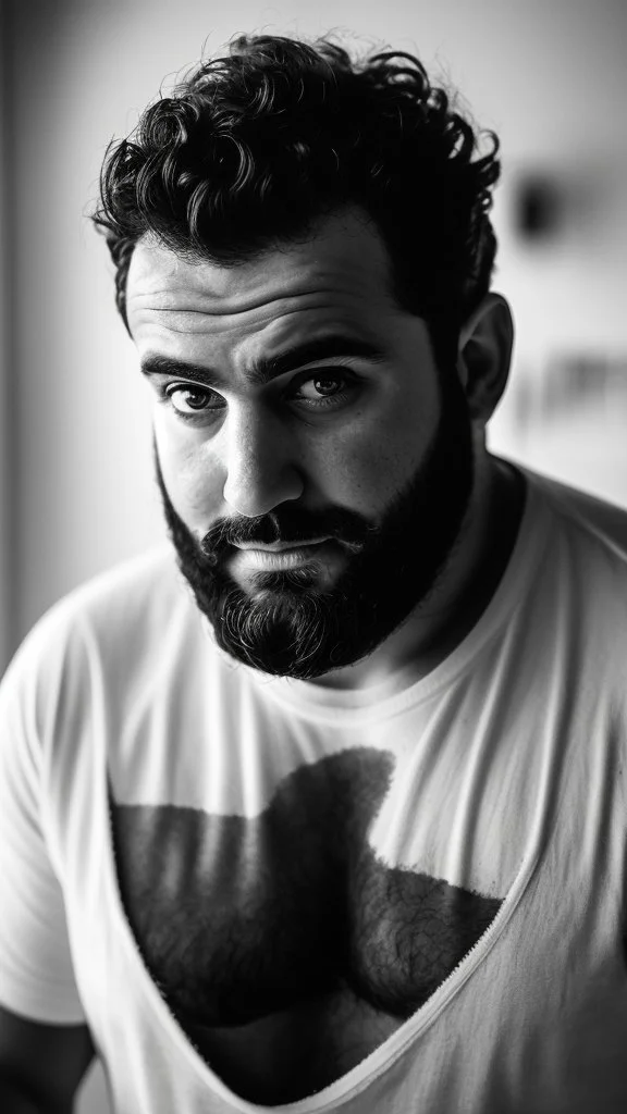 photography of a shy burly chubby muscular 28 year old sicilian man with short beard manly chest and white t-shirt, in a dark cellar full of cardboard boxes and old objects , look at camera, shy eyes, hyper realistic, Cinematic, 35mm lens, f/1.8, side light, dim lights, ambient occlusion , frontal view from the ground