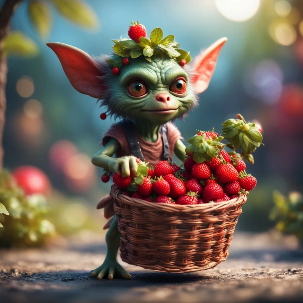 hairy groove funk heavy metal gremlin kobold strawberry beast hippie with long eyebrows holding a basket of berries,bokeh like f/0.8, tilt-shift lens 8k, high detail, smooth render, down-light, unreal engine