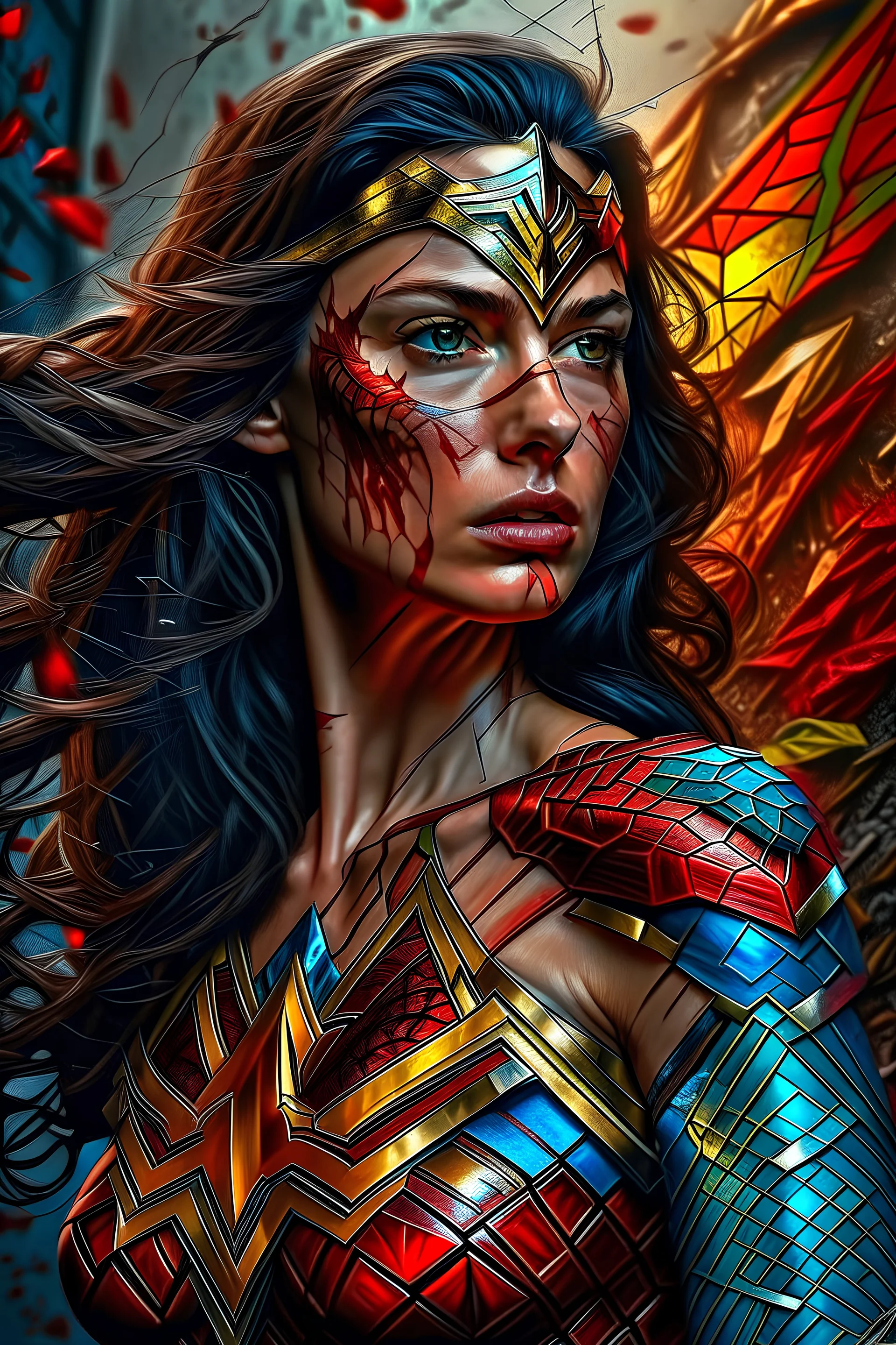 Fhoto reality,Raw, spiderman as wonder woman, Warhol, digital art, intricate details, powerful composition, captivating, , trending on artstation, sharp focus, studio photo, intricate details, highly detailed, by addie_digi