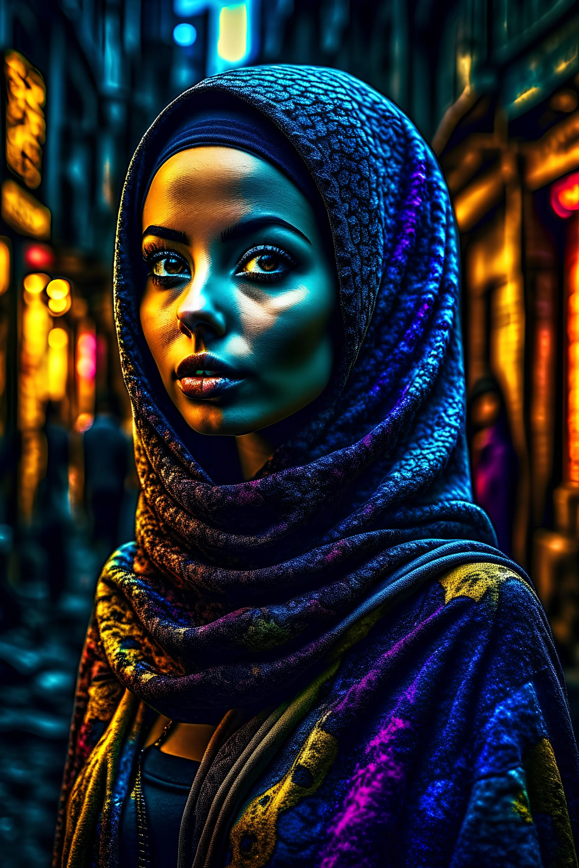 a beautiful Arabian girl in hijab , set against a gritty urban backdrop, The image should be highly detailed and intricate, with a sharp focus on the woman's features, and a neon color palette that pops against the dark background, the style should be reminiscent of street art and urban culture, with exaggerated and stylized features that give the portrait a larger-than-life feel, trending on artstation and instagram, art inspirations include banksy, Shepard Fairey, and lady pink.