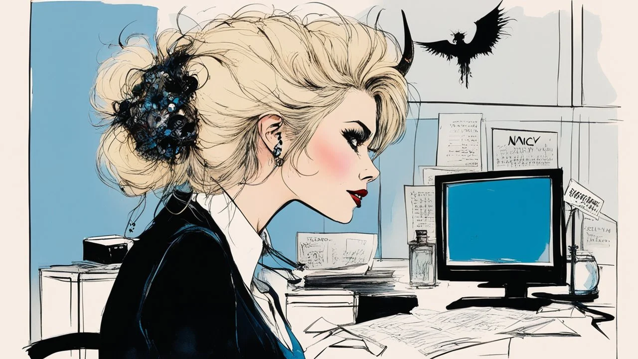 [in her dark office with a pervert smile, by Ralph Steadman] Name: Nancy Occupation: Mid-level Contract Demon at Infernal Affairs Inc. Features: Hair: blonde with a sauerkraut hairdo Skin: light Eyes: blue Build: athletic and curvy Extra Details: small horns
