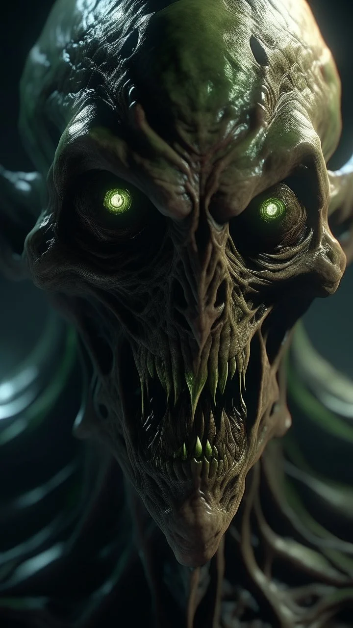 Crafting a terrifying 8K depiction of a demonic alien ,His presence exudes an unsettling aura of malevolence, instilling fear in all who behold him.