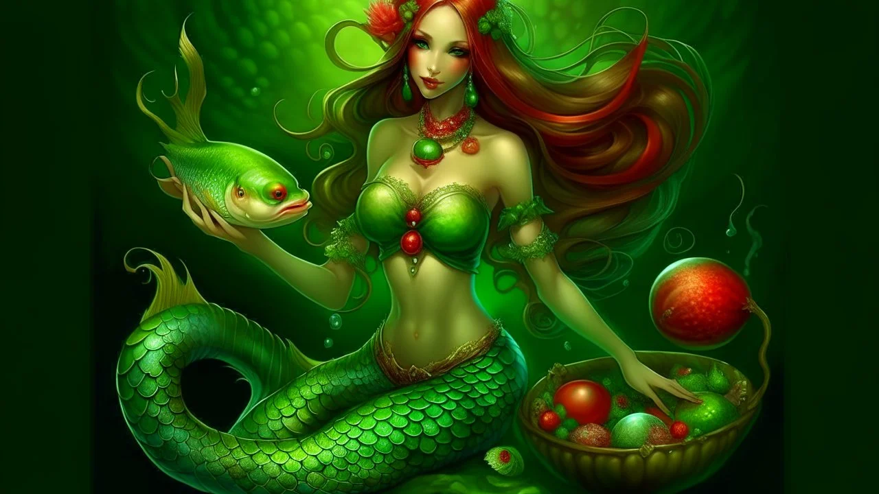 It creates the image of a mermaid with a round belly and swollen hips, holding a bowl full of colorful seafood and vegetables. She wears a seductive green tail, with seashells and corals attached, and a scallop shell bikini top. Her long, flowing hair is dyed shades of seaweed green and her lips are painted a bright red. Her gleaming green scales shine in the light,