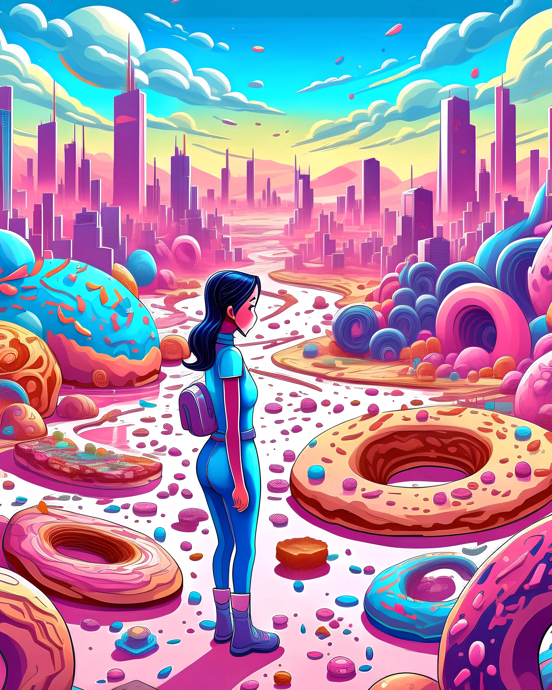 an expansive eerie digital illustration shows a woman looking at at the viewer and walking away from civilization, The model's expressionless face bears the weight of the extreme emotions she has endured to reach this point, her banishment means . Emphasized in the background is a Candyland City, constructed from surreal-looking donuts, cakes, and crumbs, DOF, with color pops of pinks and reds and blues , bubblegum horror