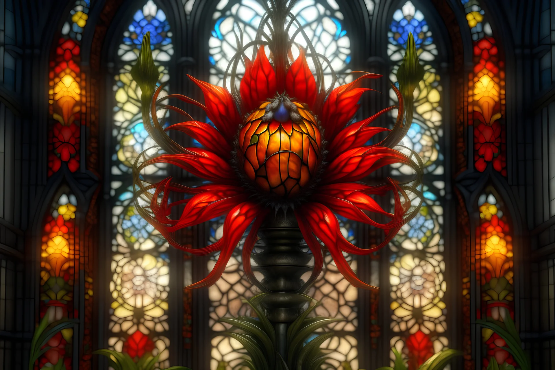 Red Hot Poker flower made to look like a realistic stain-glass window" "detailed matte painting, deep color, fantastical, intricate detail, splash screen, complementary colors, fantasy concept art, 8k resolution trending on Artstation Unreal Engine 5"