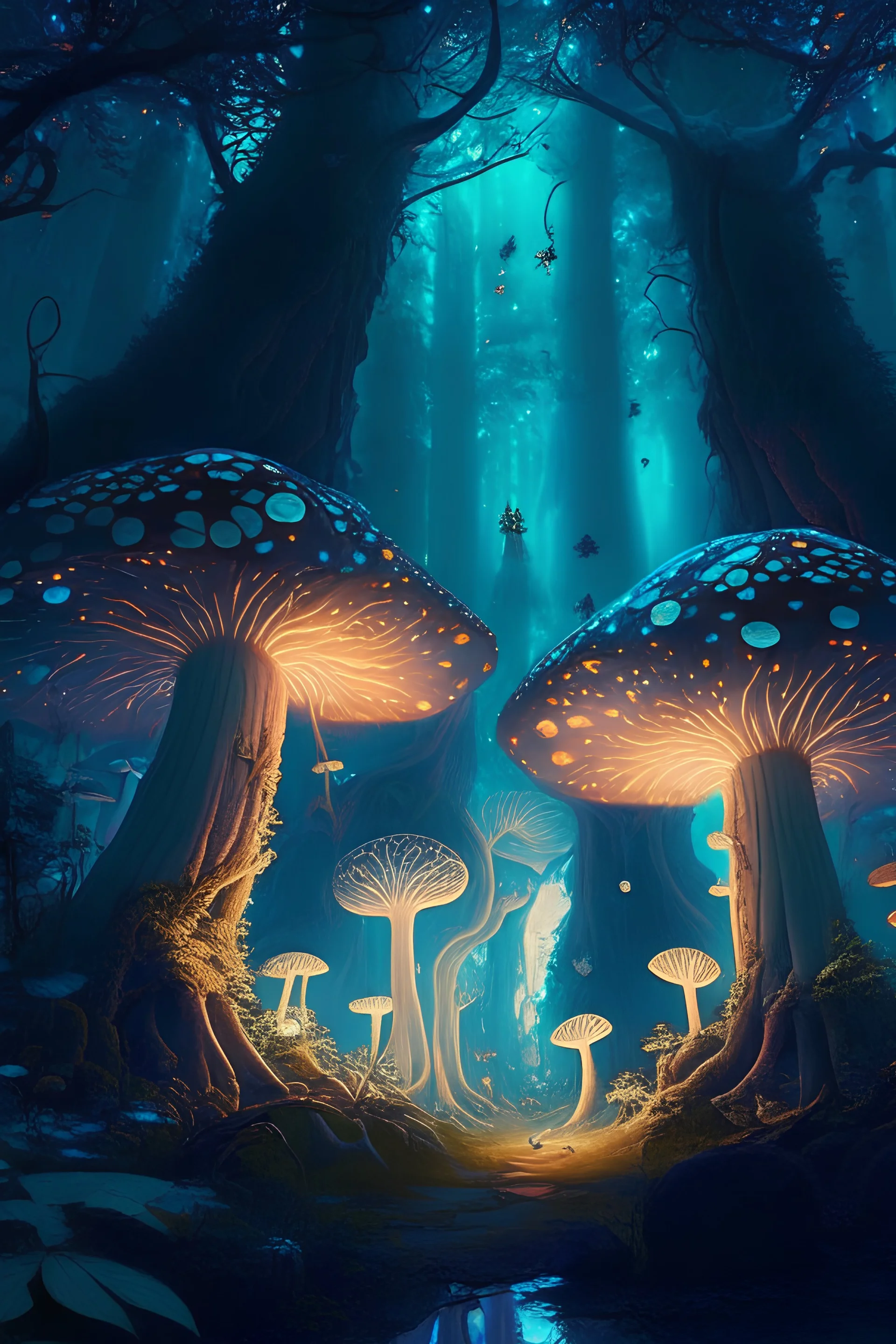 A mystical forest with towering trees, glowing mushrooms, and a sense of wonder and enchantment
