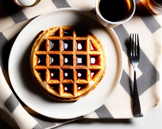 Round waffle with maple syrup plate, plaid napkin, fork