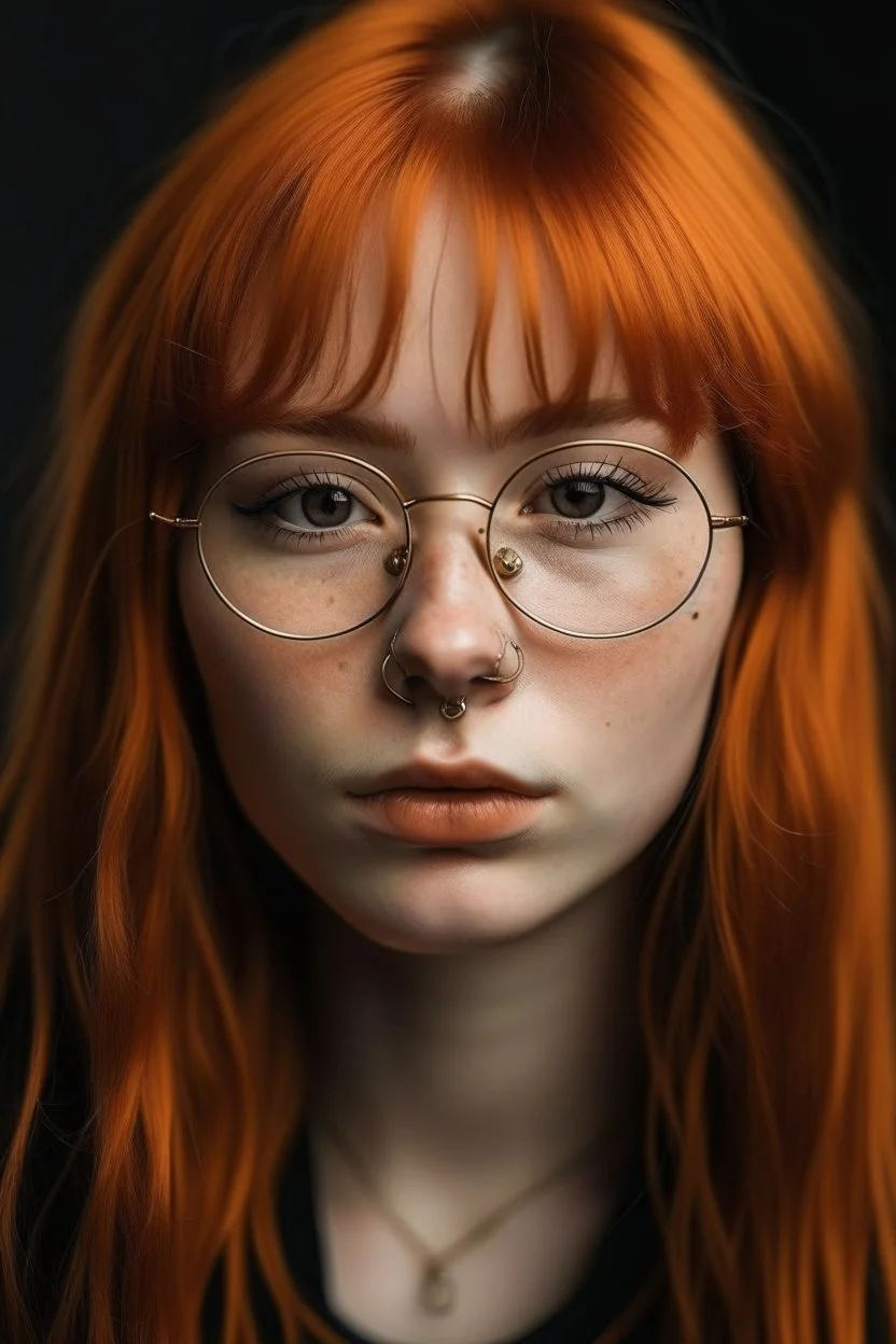 girl is ginger hair in a fringe with glasses and a septum piercing