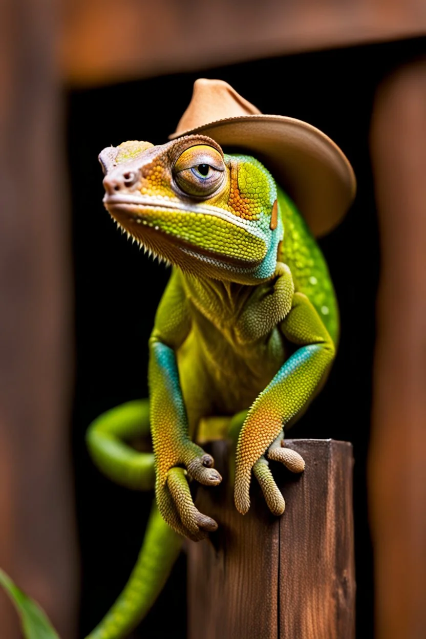 close up image of a boring chameleon, look like a cowboy