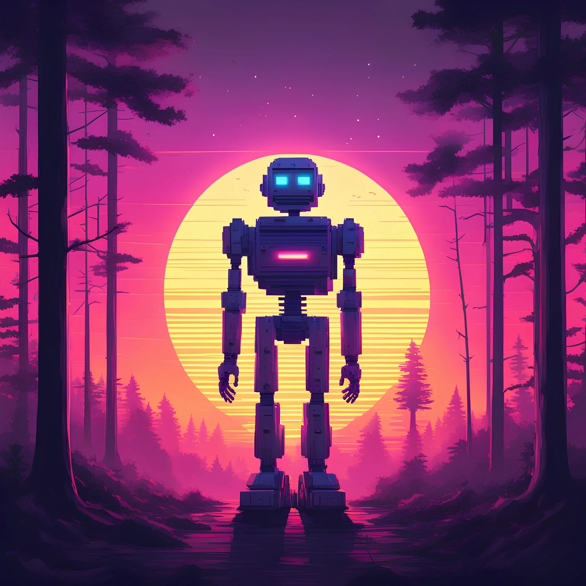 a silent robot in a wood , synthwave picture style with light pixel, the sunset on the horizon, with a big pixelated sun and a half moon