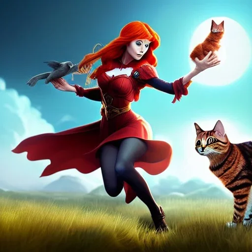 Red headed witch girl and her cat animal companion flying, beautiful, cute, 8k, unreal engine 5, mischievous, artgerm, art design by Raymond Swanland