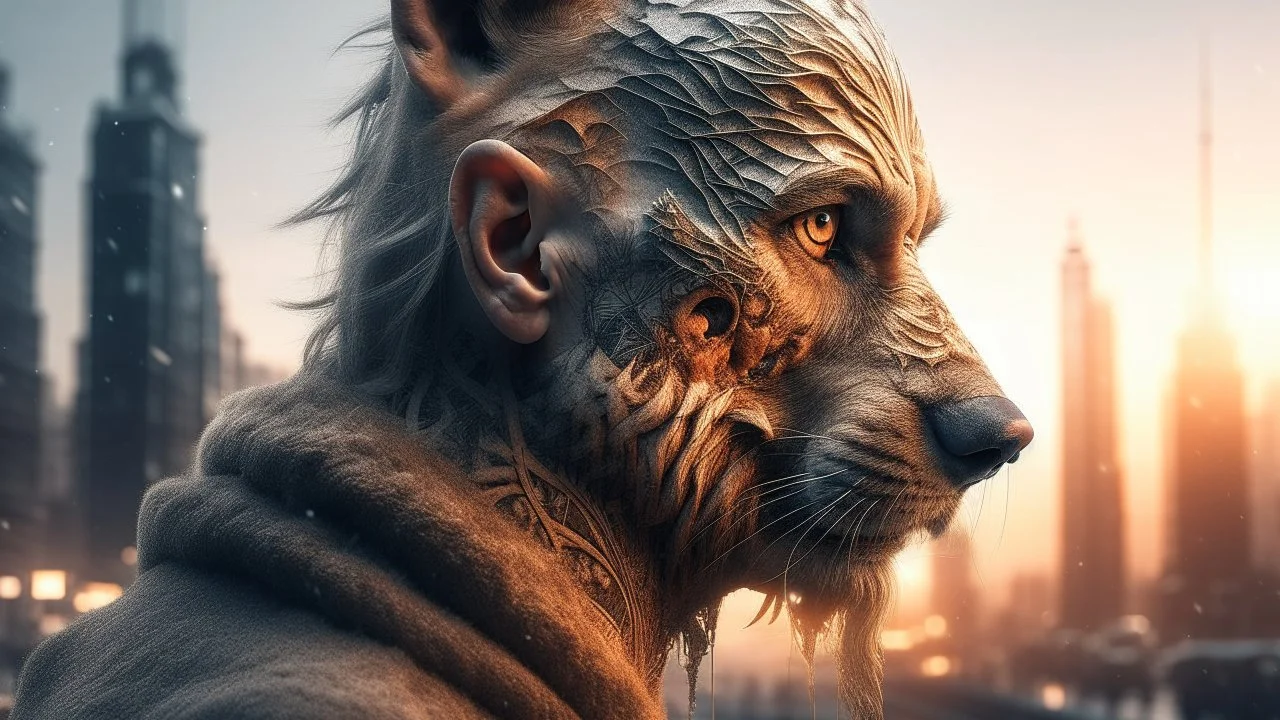 Double exposure, Wolfman, photorealism, man, city, sunset, snow, rain, fantasy, mystical, tattoo, vertical pupils, high detail, high resolution, 8K