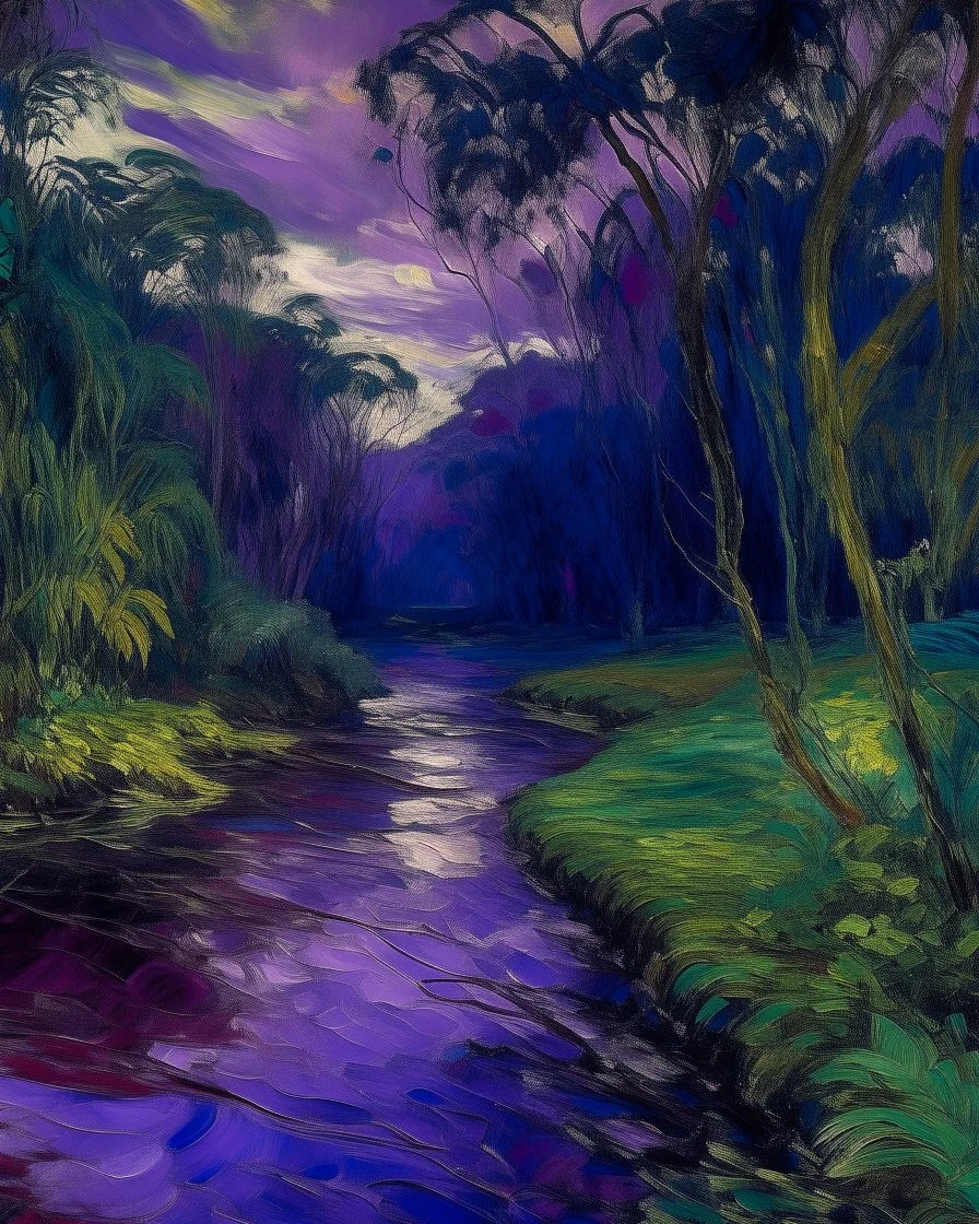 A purple jungle with a toxic river painted by Claude Monet