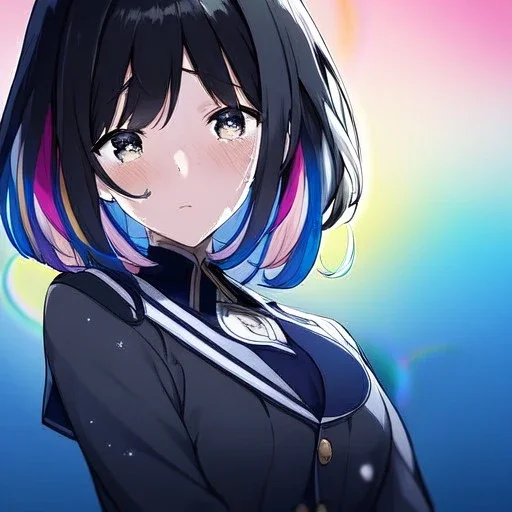 Clear focus,High resolution,High quality, 1girls, with color, anime girl with black hair with rainbow hair, crying in school, blur in the background