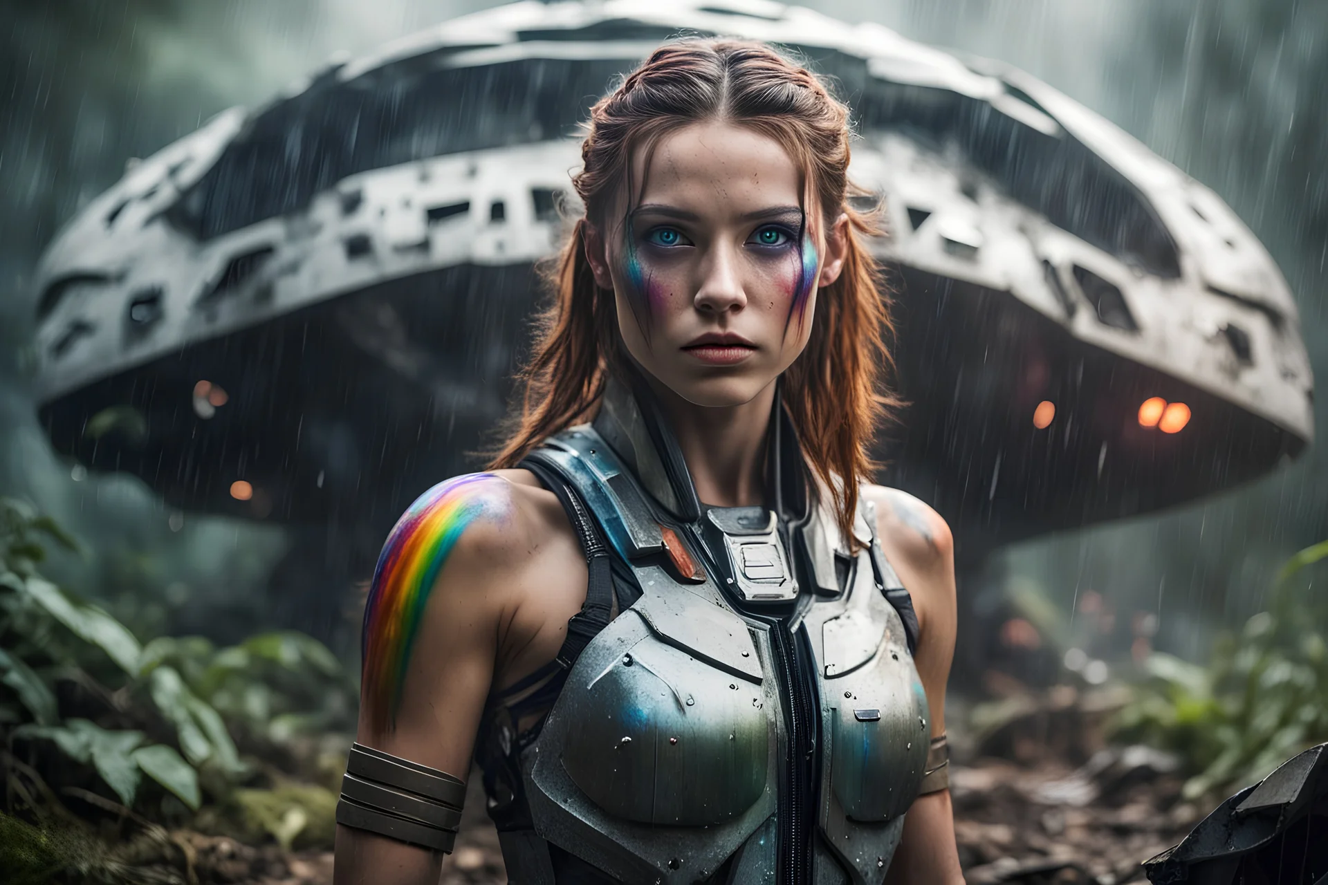 Beautiful female 19 years old with rainbow eyes and vertical rainbow on left cheek, rain-forest warrior, strong, resilient, defiant, full body, with family of 5 beside her, defending, Masterpiece, best quality, cinematic lighting, futuristic, standing in front of crashed spaceship, tough stance.